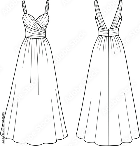 Fashion CAD illustration of long dress with pleated bust, sleeveless straps, vector flat sketch, elegant gown design, garment template