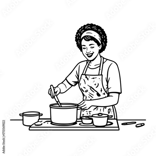 Black and White Vector Illustration of a Smiling Woman Cooking in Kitchen with Apron and Headband