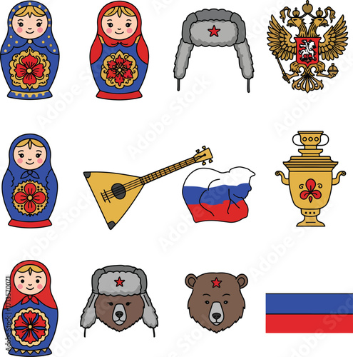 Set of hand drawn Russian national symbols with matrioshka balalaika and flag