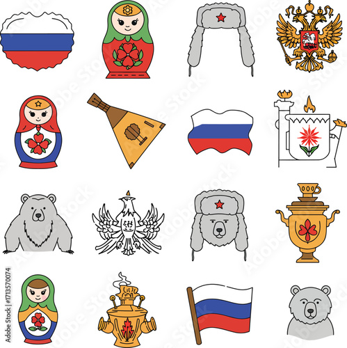 Colorful Russian symbols set with matrioshka balalaika and flag