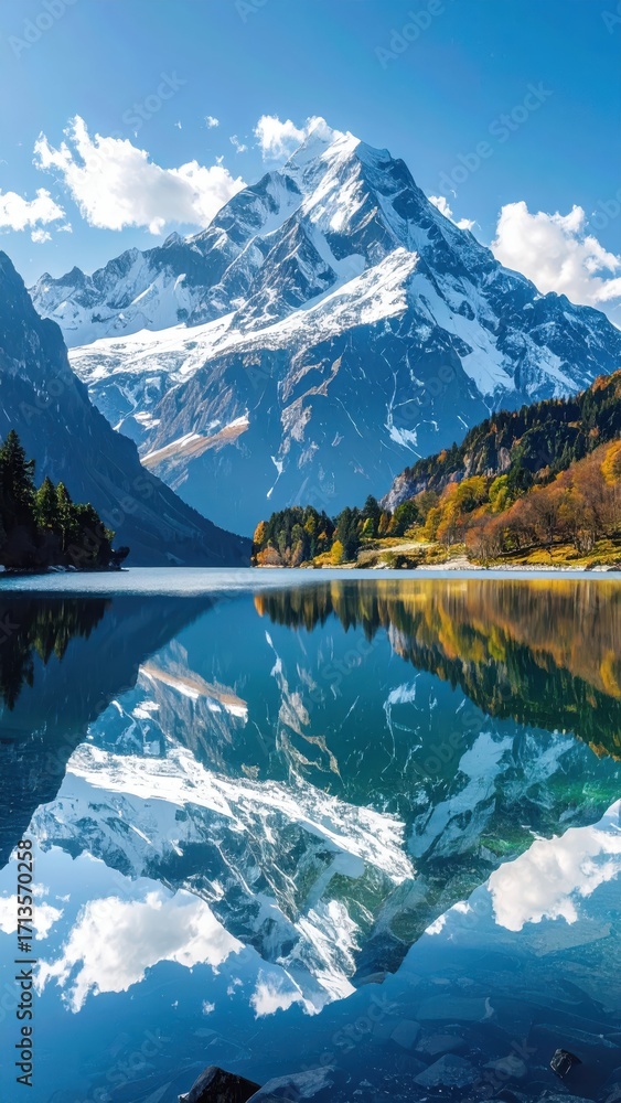 Fototapeta premium Majestic Mountain Reflection in Crystal Clear Lake under Blue Sky