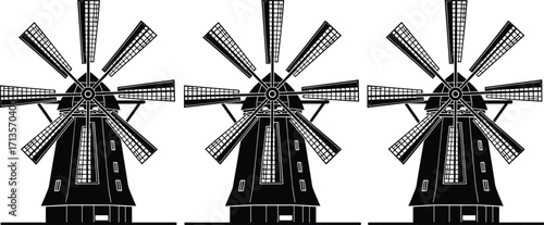 Silhouette of three traditional windmills with rotating blades, renewable energy concept, sustainable power generation, countryside landmark, eco-friendly wind energy illustration
