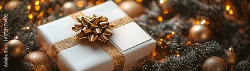 Festive Christmas gift with gold ribbon and blank card surrounded by ornaments and bokeh lights