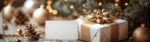 Blank white gift card placed next to a beautifully wrapped Christmas present adorned with gold ribbon and festive ornaments