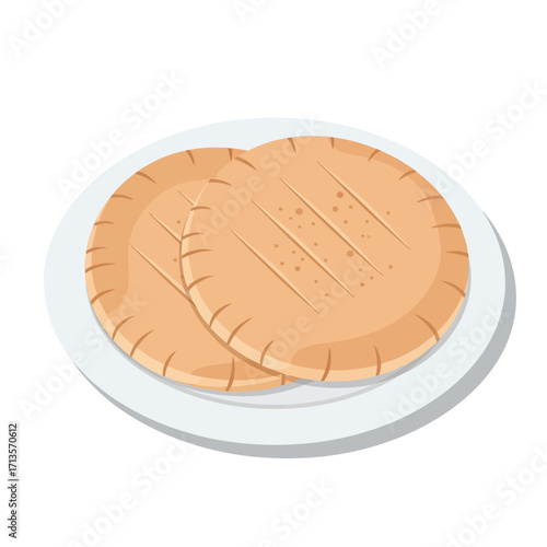 Two delicious pita breads served on a white plate in a flat vector illustration style. Freshly baked middle eastern or mediterranean food isolated on white