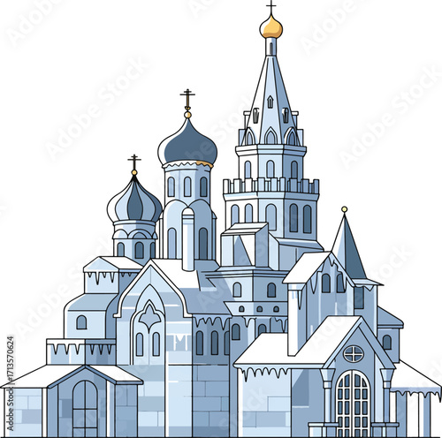 Vintage style drawing of Christian Orthodox church in cold color