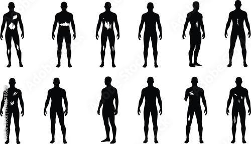 Human body pain location silhouettes with marked injury areas, medical anatomy illustration, symptom mapping, healthcare diagnostic chart, physical therapy reference design