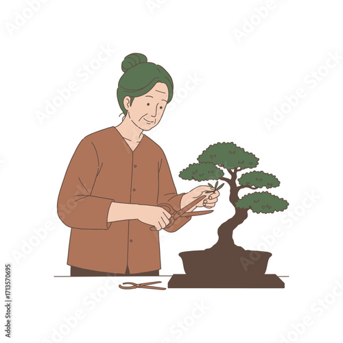 Vector art of elderly woman tending to a bonsai tree