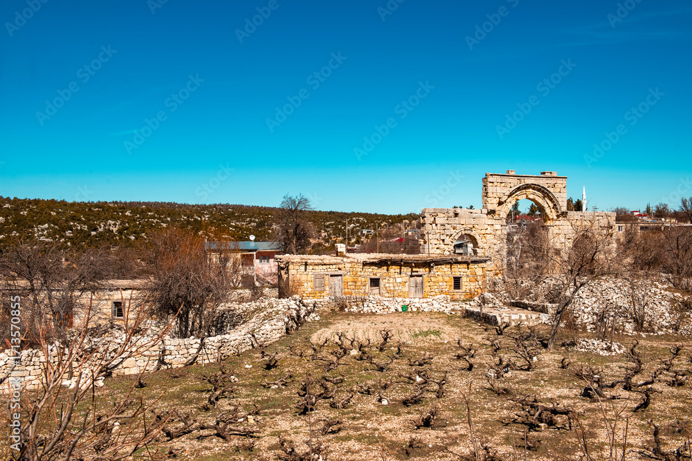 Fototapeta premium Uzuncaburc (Diokaesareia) is an ancient city ruin in Mersin province. The city of Diocaesarea was a temple center and part of the Olba Temple State during the Seleucid Empire . Silifke, Mersin