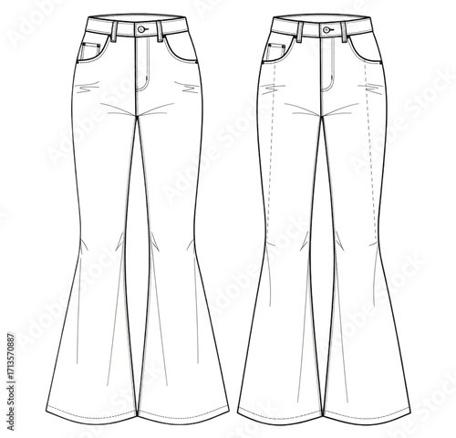Fashion technical drawing of a flare jeans isolated on transparent background