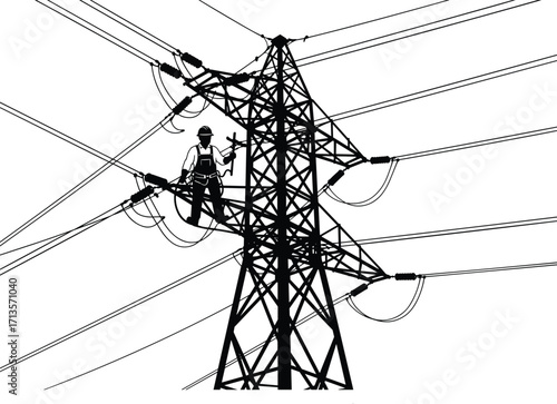 Silhouette of electrical lineman working on high voltage transmission tower with multiple power lines, electricity grid maintenance, energy distribution infrastructure illustration