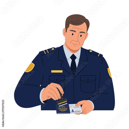 Vector art of border control officer in uniform examining passport and identification card