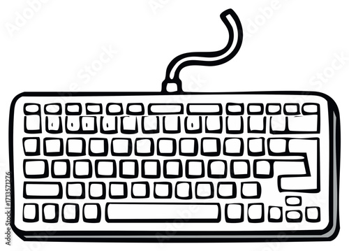 Isolated Monochrome Computer Keyboard Illustration with Cable Line Art