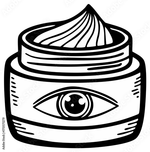 Sketched jar of facial cream with eye symbol, simple vector illustration for skincare cosmetics promotion or design element