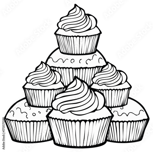 Black and white outline illustration of a delightful stacked cupcake pyramid