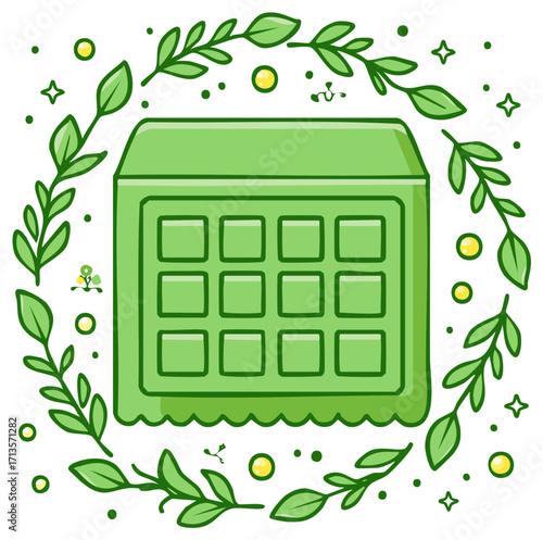 Whimsical green calendar surrounded by a leafy wreath with stars and yellow dots, isolated on white background, stylized illustration