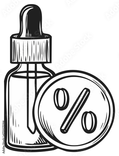 Dropper bottle with percentage sign for discounts, promotions and sales artwork in black and white style
