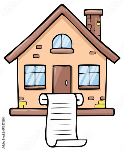 Cartoon house with a long scroll representing a contract, mortgage, or list