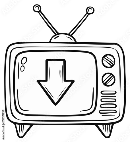 TV set with arrow icon display, retro technology concept in outline style