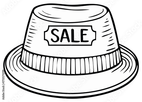 Stylish fedora hat with a SALE sign. Classic illustration of a hat for discounts and deals.