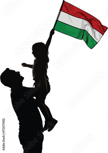 Father lifting daughter holding Hungary flag silhouette