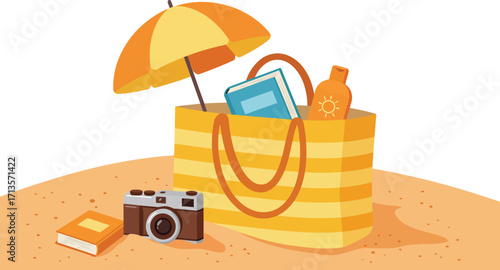 Beach bag essentials summer vacation camera umbrella sunscreen book relaxation vector