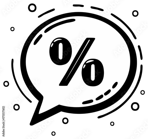 Black and white icon of a percentage symbol within a speech bubble with surrounding circles
