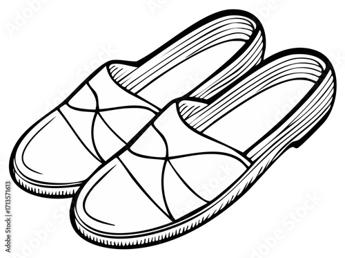 Vector outline drawing of a comfortable pair of slip on slippers or casual shoes black and white illustration