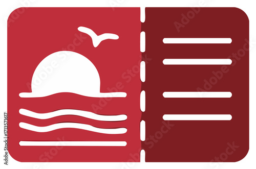 Travel ticket icon with sunset over the sea for summer vacation booking and tourism