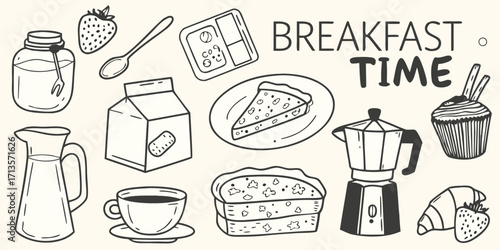 Hand drawn breakfast food and drinks collection with coffee maker and pastries
