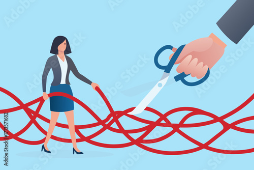 Businesswoman navigating tangled red tape while a hand with scissors prepares to cut it symbolizing problem solving and simplification