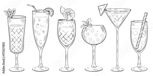 Collection of hand drawn cocktail glasses with garnishes and ice cubes for refreshing drinks