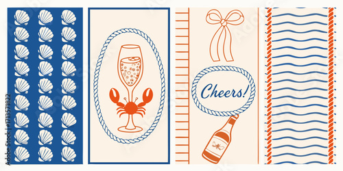 Nautical themed illustrations featuring seashells champagne and a lobster with a cheers message