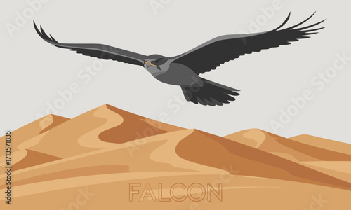 A majestic falcon soars over rolling desert dunes under a pale sky.