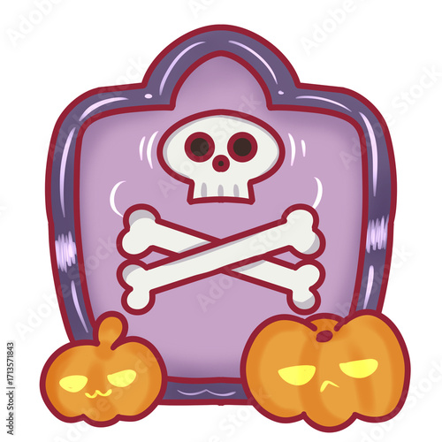 Halloween tombstone with skull and pumpkins illustration