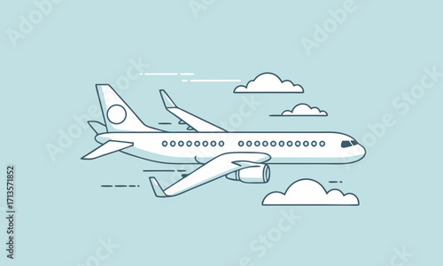 A modern stylized airplane flying through a cloudy sky.