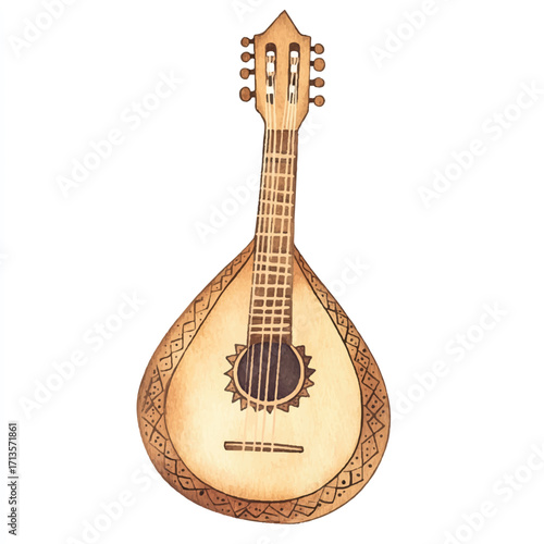 Acoustic string instrument with a pear shaped body and intricate carvings.