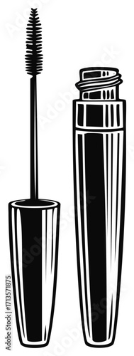 Mascara tube with applicator brush illustration in black and white
