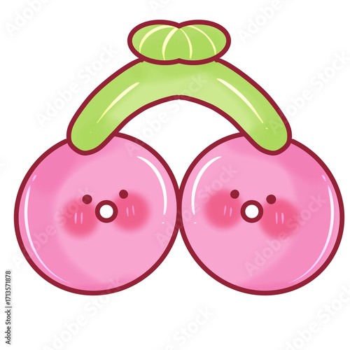 Kawaii pink cherry fruit cartoon mascot — cute chibi food character PNG illustration