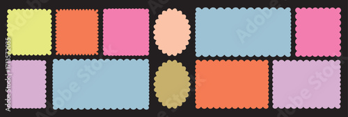 Rectangle, oval shape frame with colorful zigzag and black background edge. Zig Zag Shapes use for  Stickers and banners. Set of wavy edge and Color squiggle frames .