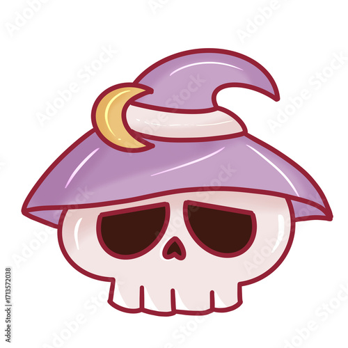 Cute spooky skull with witch hat Halloween illustration