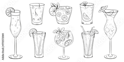 Collection of hand drawn cocktail illustrations in various glasses with garnishes and ice