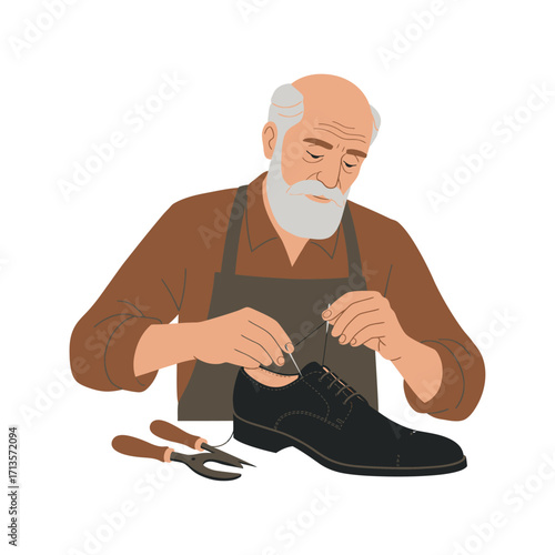 Vector art of elderly shoemaker meticulously sewing a black leather shoe with needle and thread