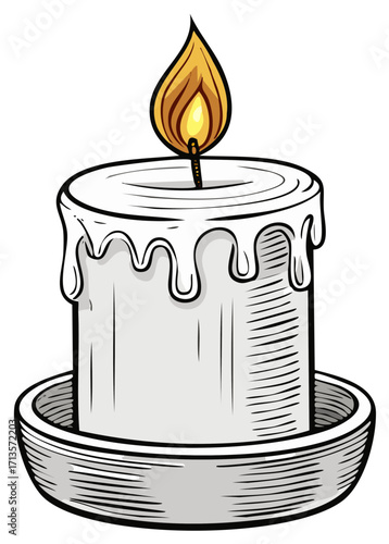 Stylized cartoon illustration of a single burning candle with melting wax and a bright flame