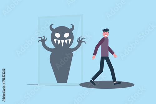 Man confidently walking past a scary monster shadow trapped behind a glass wall