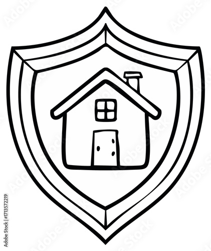 Simple house emblem encased in a shield illustration, representing home protection and safety.