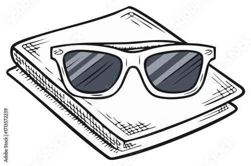 Illustration of sunglasses on stacked towels for beach travel or summer vacation
