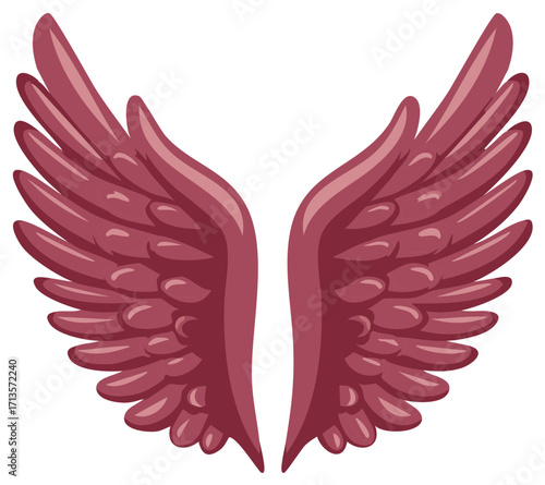 Stylized Angel Wings Illustration, Burgundy Decorative Feathered Wings Design Element for Graphic Projects