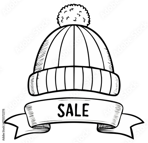 Hand-drawn winter hat with pom-pom and Sale banner for seasonal discount promotion