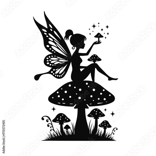 Black silhouette fairy sitting on mushroom with tiny mushrooms and stars